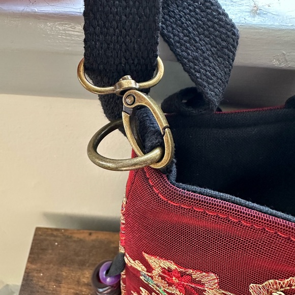 Red Embroidered Satchel, Double Handle Purse, Retro Style With Removable Strap - Picture 5 of 13